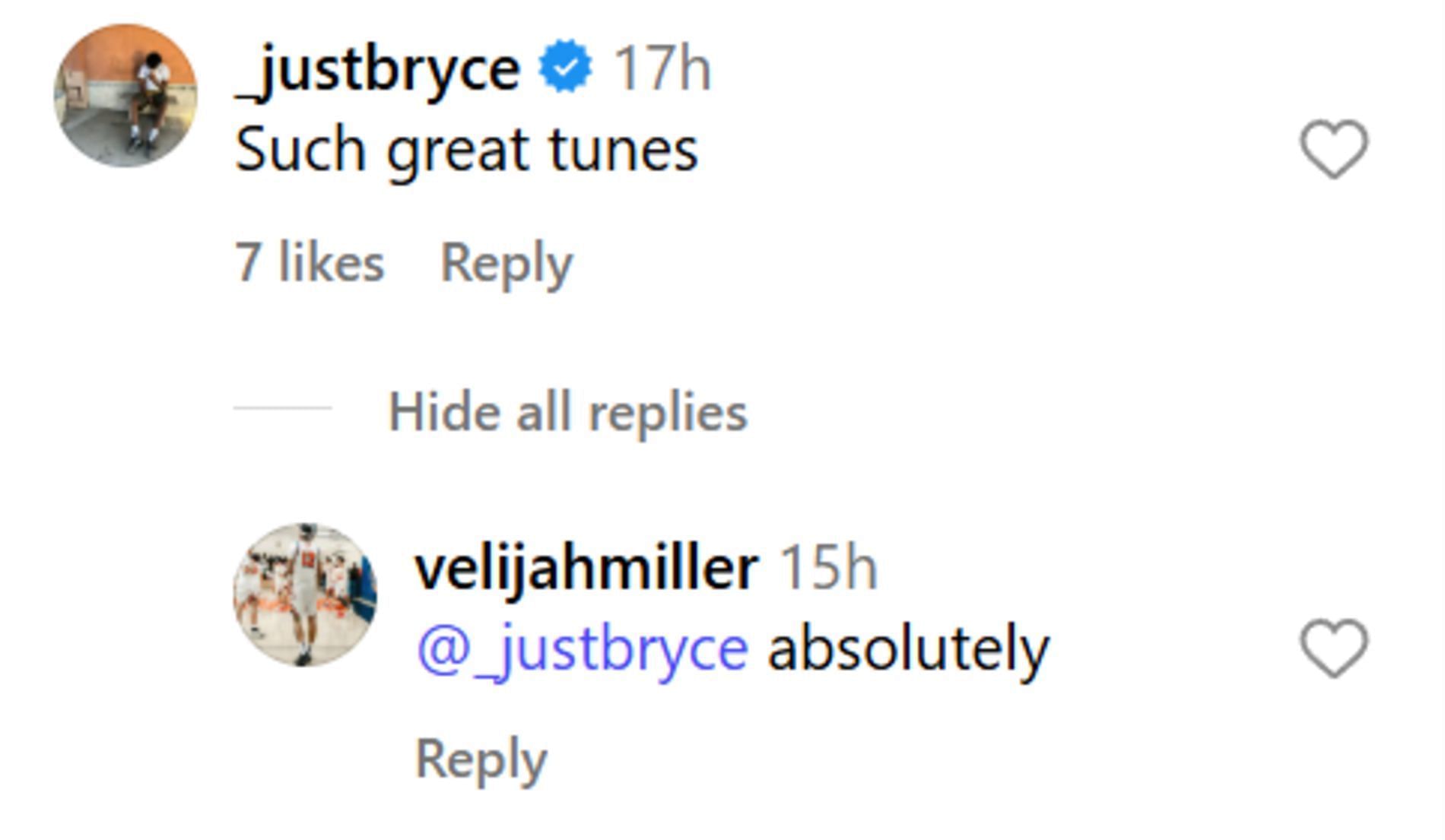 Bryce James reacts to Chatsworth star V'Elijah Miller's video (source: IG/ velijahmiller )
